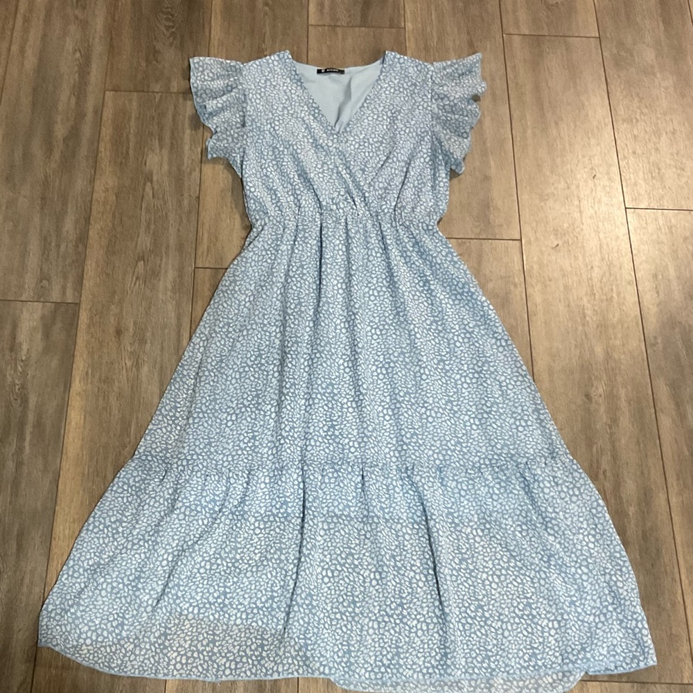 BTFBM Light Blue & White Print Midi Dress, Size Medium